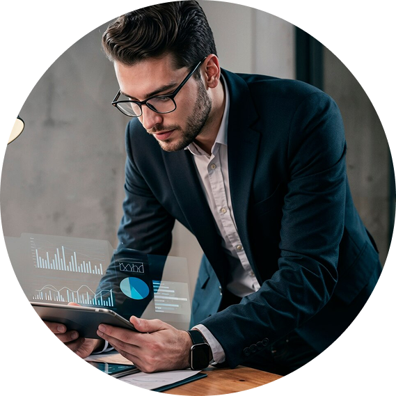 Digital marketing expert standing and reviewing performance graphs for SEO, analytics, and campaign insights"