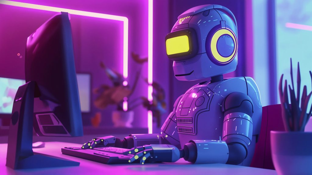 Robot sitting in front of laptop representing AI resume screening process