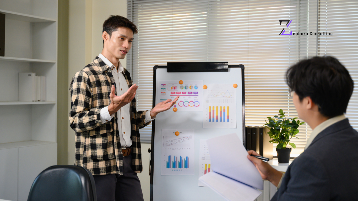 Two men talking during a business discussion beside a whiteboard showing pie charts related to Employer of Record services in Dubai