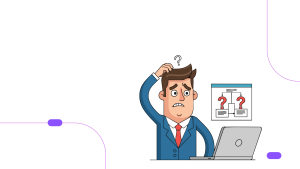 Vector illustration of a confused man scratching his head while sitting in front of a laptop, with a calendar behind him showing question marks on several dates.