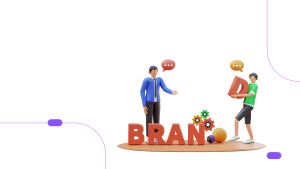 Vector illustration of two characters discussing branding, with one carrying the letter “D” to complete the word “branding,” representing the theme of Corporate Brand Identity for a Startup in the UAE by Zephora Consulting