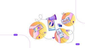 B2B digital marketing services in the UAE shown through connected loudspeakers, hands, likes, and engagement icons