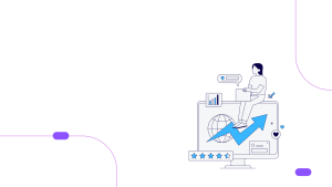 Brand strategy illustration showing a figure sitting on laptop with an arrowing showing boost in corporate brand strategy in dubai by Zephora Consulting in purple and blue theme, illustration a growth graph showing boost in business