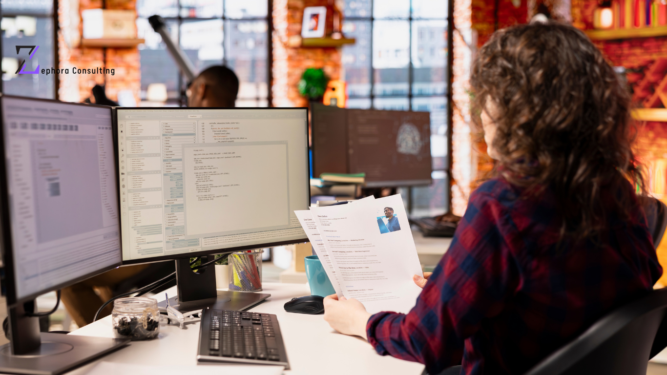 A person looking at the employee resumes this image represents Tech Employer of Record (EOR) Services in Dubai