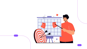 Vector illustration of a professional holding a pointer, standing in front of a strategy board with a dartboard and bullseye targets, representing brand strategy services in the UAE.