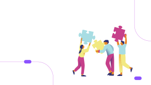 Alt text: Vector illustration of three figures assembling jigsaw puzzle pieces, symbolizing the strength and cohesion of effective corporate branding in Dubai.