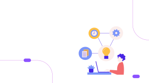 A vector figure sits in front of a laptop, surrounded by thought bubbles featuring branding elements like a clock and documents, representing planning and strategy in brand development.