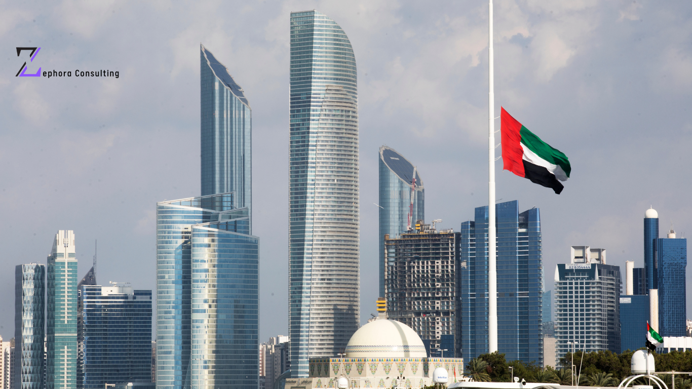 Abu Dhabi skyline illustration highlighting payroll services in the UAE by Zephora Consulting