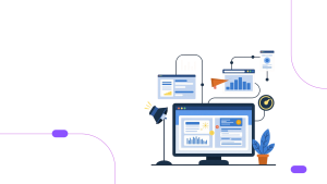 Vector illustration of an OKR dashboard with performance metrics, analytics charts, and a milestone flag representing business goal tracking and OKR consulting in the UAE.