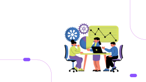 A modern vector illustration showing three professionals sitting together in a meeting, discussing performance insights. Behind them, a large line graph rises across the wall, symbolizing growth, analytics, and data‑driven decision‑making — perfectly capturing the essence of a performance management solution.