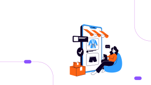 A modern female vector character sits browsing an online UAE eCommerce store, selecting clothes on her mobile—perfectly capturing the rise of digital shopping and the growth of eCommerce businesses in the UAE.