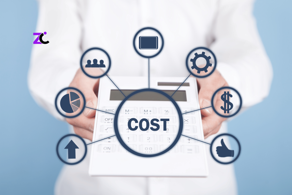 OKR Consulting Cost UAE concept featuring an OKR consultant holding a calculator with business, strategy, and performance icons emerging from it