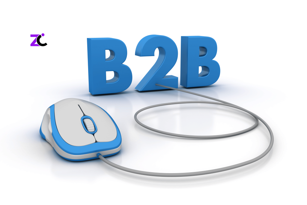 "B2B eCommerce Website Development in UAE concept featuring B2B text connected with a computer mouse representing digital business solutions.