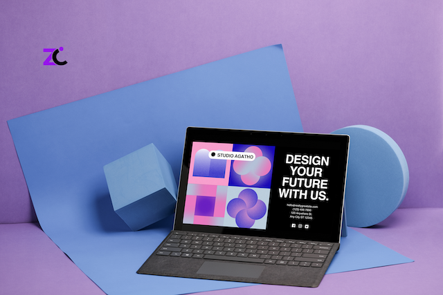 3D branding objects surrounding a laptop displaying “Design Your Future With Us” for a blog on brand strategy vs. brand identity in the UAE.