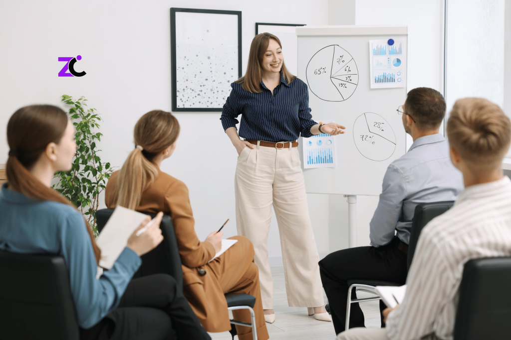 OKR Training for UAE Teams featuring a female instructor coaching employees with OKR dashboards and goal-tracking charts displayed on a whiteboard