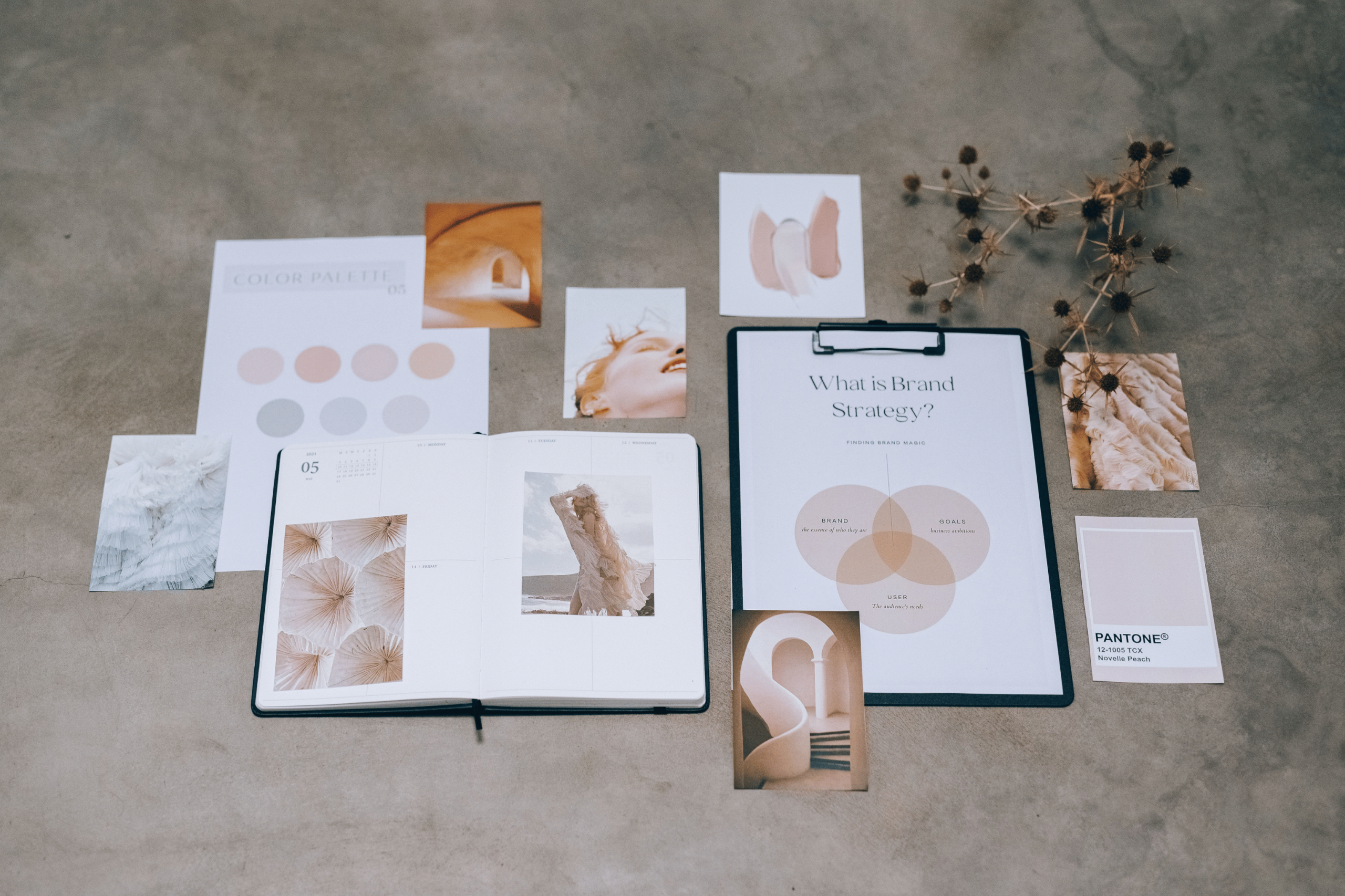 Corporate Branding Strategy and Consulting Services illustration showing a complete brand identity with logo, color palette, typography, stationery, and marketing assets.