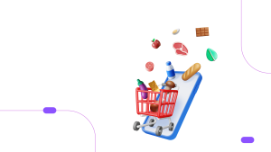 Vector illustration of a mobile phone with a grocery cart full of fresh fruits and vegetables popping out for online grocery store development.
