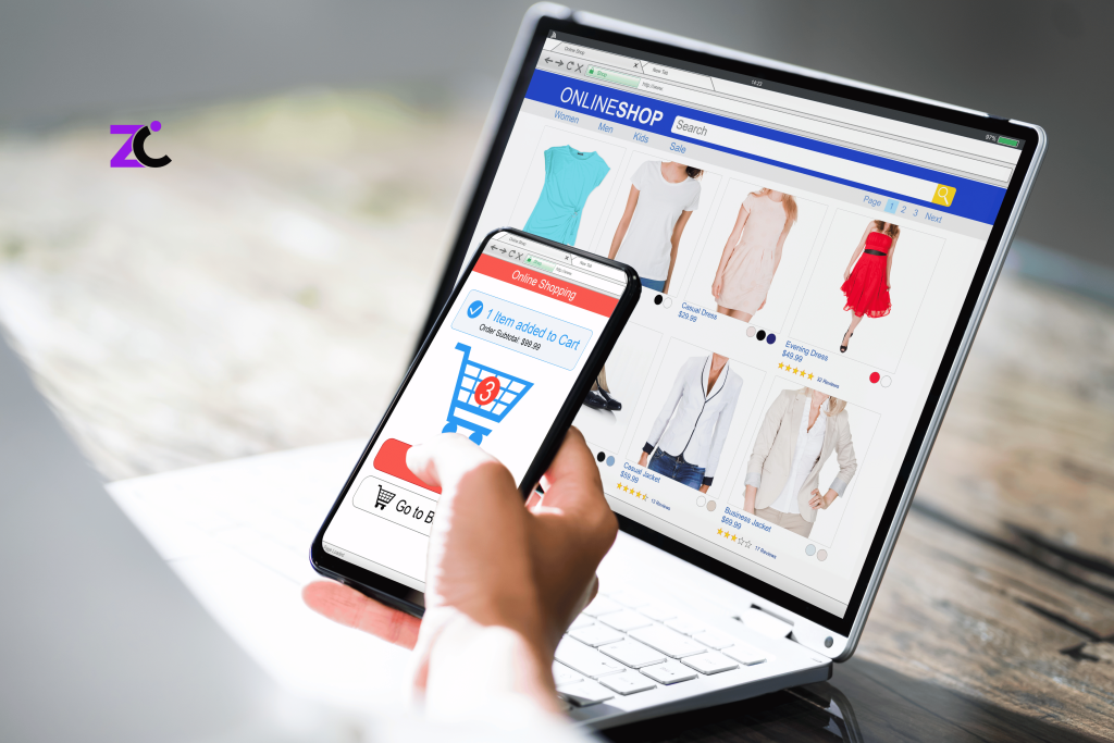 eCommerce Website Development for Fashion Brands in UAE showcasing a fashion website on laptop and mobile with a customer adding an item to the online shopping cart.