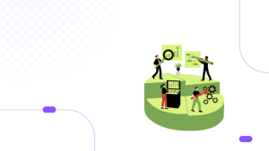 Illustration of a team comparing OKR and performance management charts in the UAE