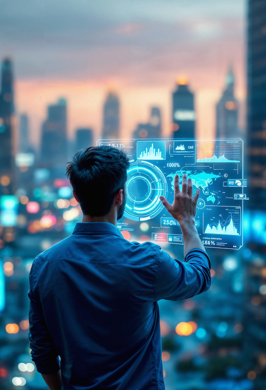 A man pointing at digital technology elements with a futuristic interface, with a city skyline in the background symbolizing innovation, smart cities, and digital transformation.