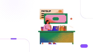 A vector image sitting on her desk working on laptop reviewing payroll outsourcing cost UAE breakdown chart