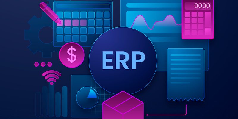 AI-generated ERP concept with business dashboards and data analytics for ERP and business systems integration.