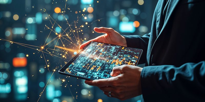 A man holding a tablet with glowing AI patterns and digital technology lines surrounding him, symbolizing innovation, automation, and digital transformation.