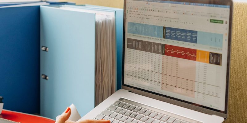 Woman working on a laptop with an Excel payroll spreadsheet, managing employee salary data using payroll software solutions.